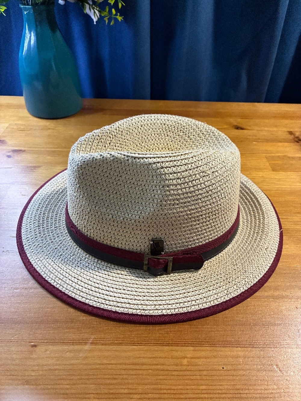 Herman 1874 Wide Brim Woven Fedora Hat Beige Burgundy Size 59